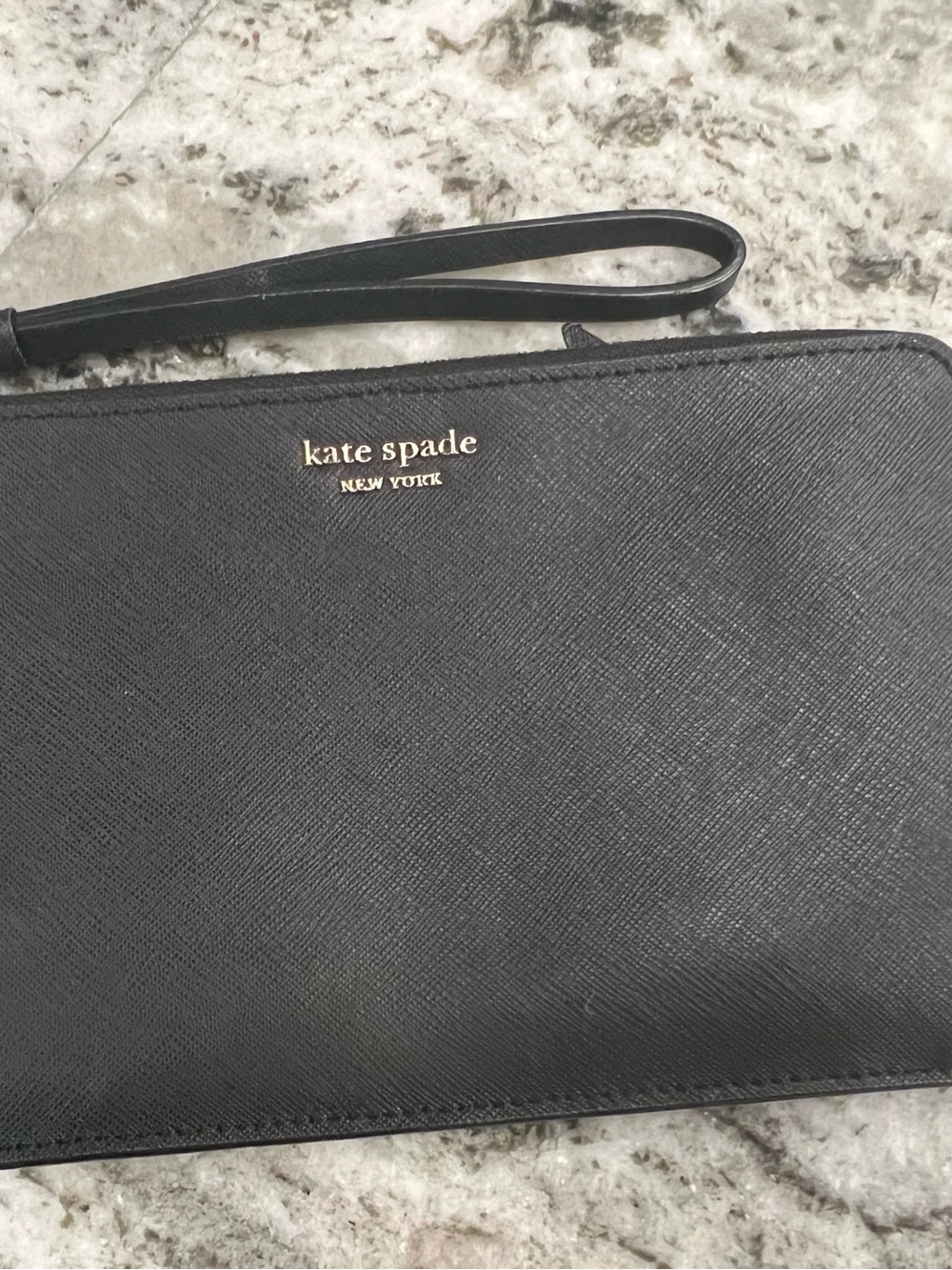kate spade Black Leather Wrist Strap Clutch with Gold Logo